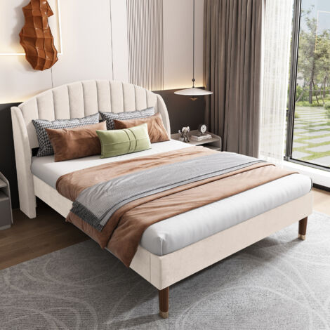 Upholstered Bed,King Size Bed,with Slatted Frame and Headboard, Youth Bed, Wooden Slatted Support, Easy Assembly, 150x200cm,Velvet, Beige
