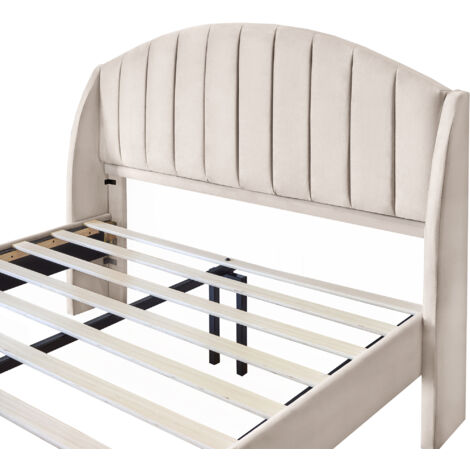 Upholstered Bed,King Size Bed,with Slatted Frame and Headboard, Youth Bed, Wooden Slatted Support, Easy Assembly, 150x200cm,Velvet, Beige
