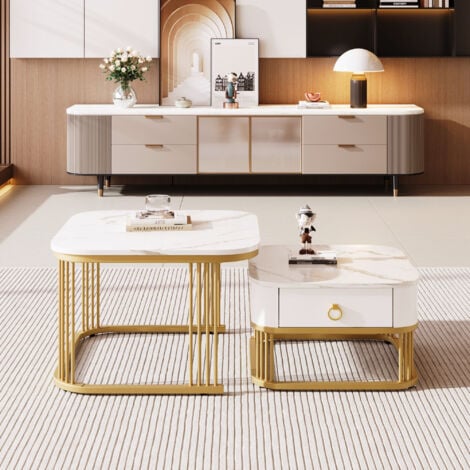 Nestable Coffee Table: High Gloss Marble Exterior, Gold Accents, Side Table with Drawer(set of 2), MDF, White