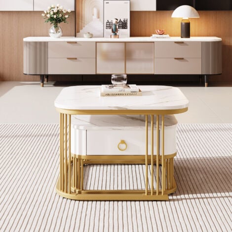 Nestable Coffee Table: High Gloss Marble Exterior, Gold Accents, Side Table with Drawer(set of 2), MDF, White