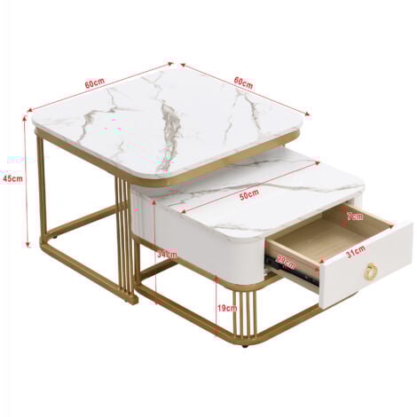 Nestable Coffee Table: High Gloss Marble Exterior, Gold Accents, Side Table with Drawer(set of 2), MDF, White