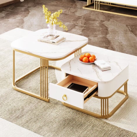 Nestable Coffee Table: High Gloss Marble Exterior, Gold Accents, Side Table with Drawer(set of 2), MDF, White