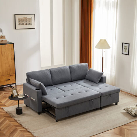 Sofa Bed, L-Shaped Corner Sofa, 3 Seater Pull out Sofa with Storage, Convertible Settee Sectional Sofa for Living Room, Office, Grey