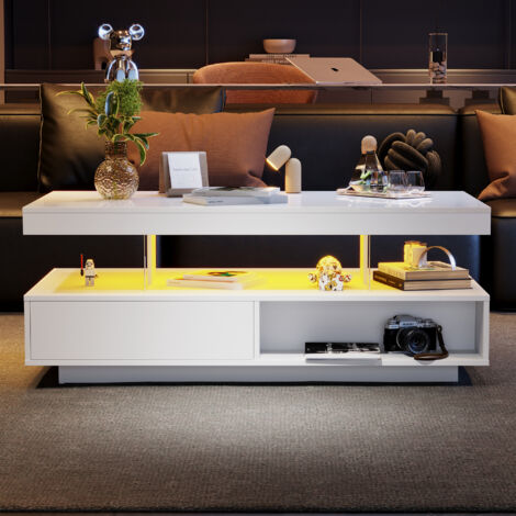 Led Coffee Table with 2 Drawer Storage, High Gloss Coffee Table for Living Room Open Storage Space Centre Table, End Table, White