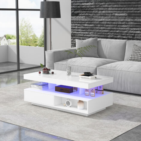 Led Coffee Table with 2 Drawer Storage, High Gloss Coffee Table for Living Room Open Storage Space Centre Table, End Table, White