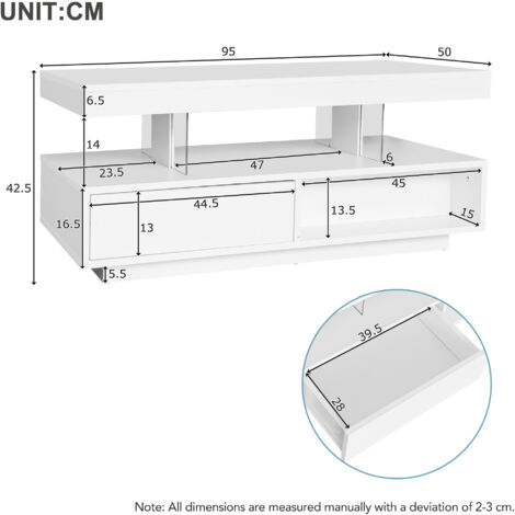 Led Coffee Table with 2 Drawer Storage, High Gloss Coffee Table for Living Room Open Storage Space Centre Table, End Table, White