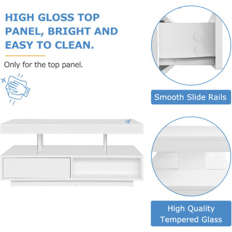 Led Coffee Table with 2 Drawer Storage, High Gloss Coffee Table for Living Room Open Storage Space Centre Table, End Table, White