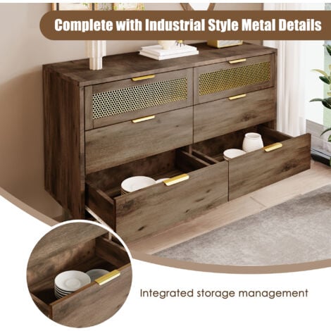 Sideboard Cabinet Dresser ,Metal Handles Dresser, Multipurpose Cabinet for  Living Room,120 x 40 x 76 cm, Dark Brown, with 6 Drawers