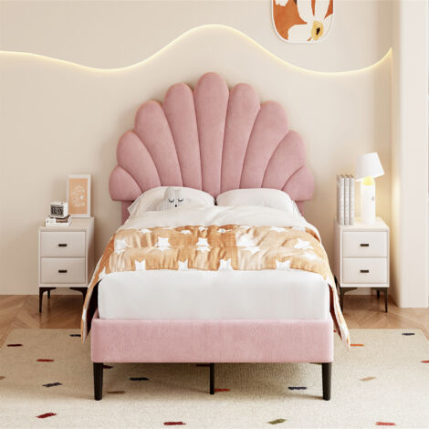 Upholstered Velvet Bed Frame, with Adjustable Chic Petal Headboard, Solid Wood Slat, No Box Spring Needed, Easy Assembly, Double Bed，Pink
