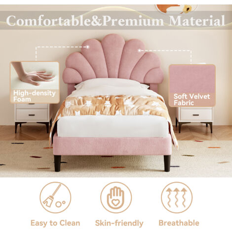 Upholstered Velvet Bed Frame with Adjustable Chic Petal Headboard Solid Wood Slat No Box Spring Needed