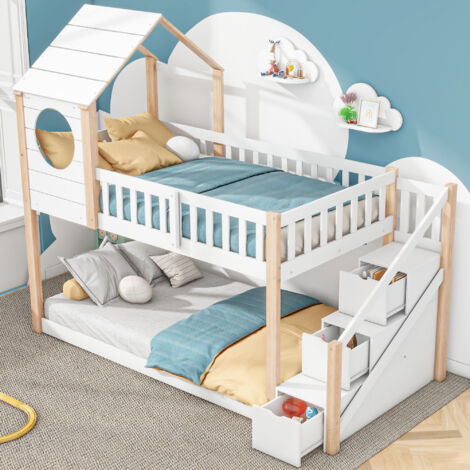 Wood House Bunk Bed 90x190 cm, Cabin Bed Frame, Wooden Bunk Bed Frame with Ladder and storage space, Natural and White