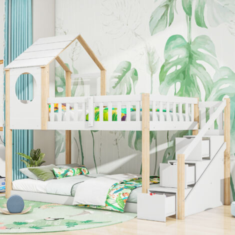 Wood House Bunk Bed 90x190 cm, Cabin Bed Frame, Wooden Bunk Bed Frame with Ladder and storage space, Natural and White