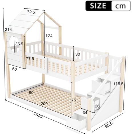 Wood House Bunk Bed 90x190 cm, Cabin Bed Frame, Wooden Bunk Bed Frame with Ladder and storage space, Natural and White