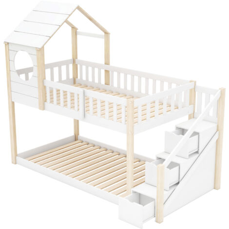 Wood House Bunk Bed 90x190 cm, Cabin Bed Frame, Wooden Bunk Bed Frame with Ladder and storage space, Natural and White