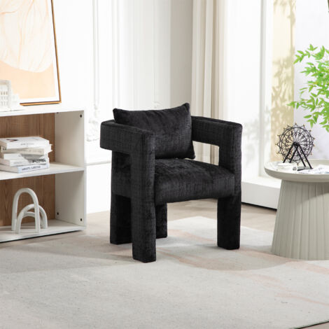 Modern Chenille Lounge Chair with a Unique Hollow Armrest Design, Comfortable Cushions and Pillows, Suitable for Living Rooms, Dining Rooms, Set of 2,  Black
