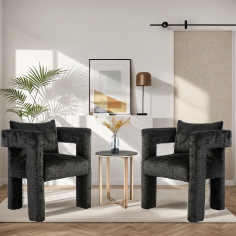 Modern Chenille Lounge Chair with a Unique Hollow Armrest Design, Comfortable Cushions and Pillows, Suitable for Living Rooms, Dining Rooms, Set of 2,  Black