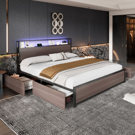 Metal Bed, Youth bed,Multifunctional Bed, Wrought Iron Bed, With LED Light Strip and 4 Drawerss, Grey, Double Bed 135x190cm (1/5)