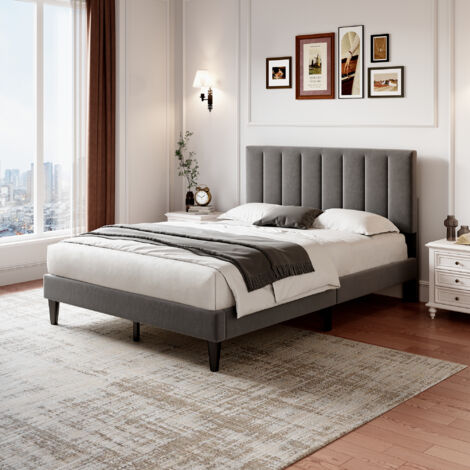 Double Upholstered Velvet Bed Frame, with Adjustable Channel Tufted Headboard, Velvet Platform Bed Frame with Solid Wood Slat and Mute Foam, Grey