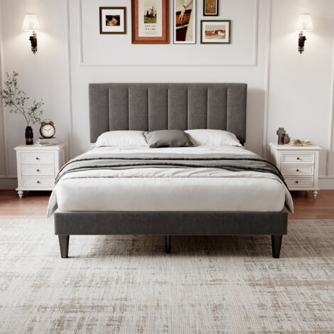 Double Upholstered Velvet Bed Frame, with Adjustable Channel Tufted Headboard, Velvet Platform Bed Frame with Solid Wood Slat and Mute Foam, Grey