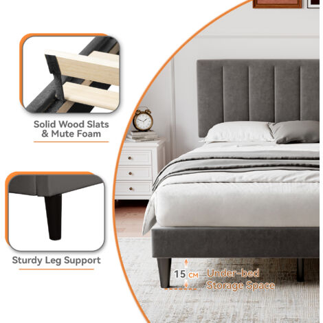 Double Upholstered Velvet Bed Frame, with Adjustable Channel Tufted Headboard, Velvet Platform Bed Frame with Solid Wood Slat and Mute Foam, Grey