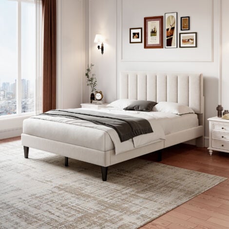 Double Upholstered Velvet Bed Frame, with Adjustable Channel Tufted Headboard, Velvet Platform Bed Frame with Solid Wood Slat and Mute Foam, Beige