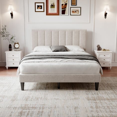 Double Upholstered Velvet Bed Frame, with Adjustable Channel Tufted Headboard, Velvet Platform Bed Frame with Solid Wood Slat and Mute Foam, Beige