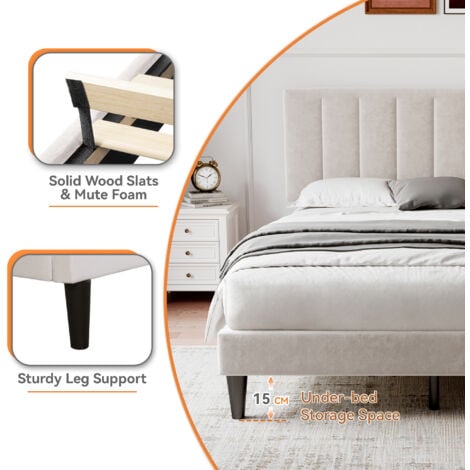 Double Upholstered Velvet Bed Frame, with Adjustable Channel Tufted Headboard, Velvet Platform Bed Frame with Solid Wood Slat and Mute Foam, Beige