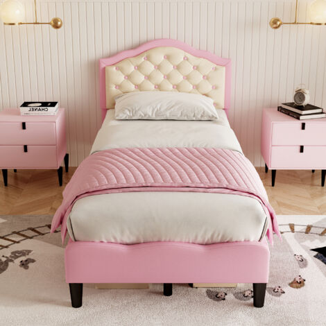 Single Upholstered Bed Frame with Adjustable Chic Button-Tufted Headboard, PU Faux Leather Bed Frame , Pink+Beige (No Mattress)