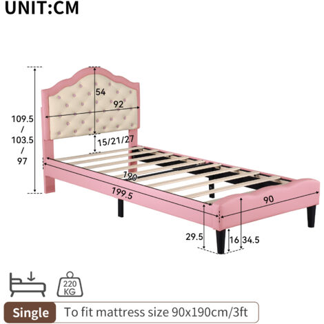 Single Upholstered Bed Frame with Adjustable Chic Button-Tufted Headboard, PU Faux Leather Bed Frame , Pink+Beige (No Mattress)