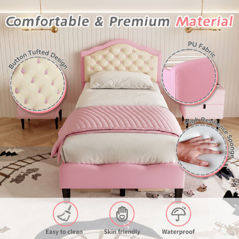 Single Upholstered Bed Frame with Adjustable Chic Button-Tufted Headboard, PU Faux Leather Bed Frame , Pink+Beige (No Mattress)