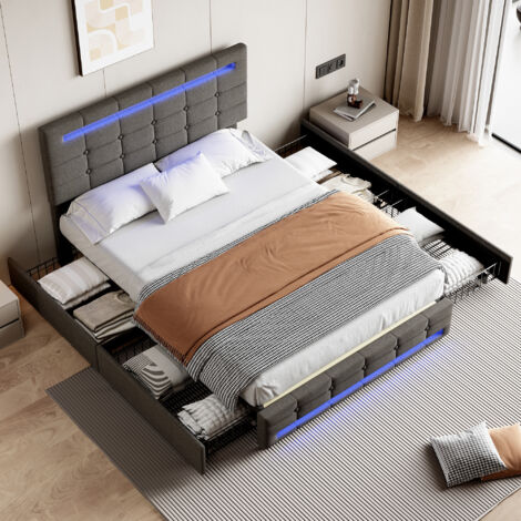 Double Upholstered Bed with LED Lighting and Storage Drawers, Storage Bed Frame with Adjustable Button Tufted Headboard, Grey (No Mattress)