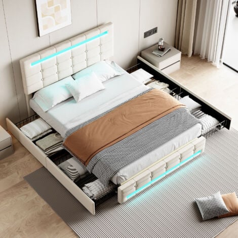 Double Upholstered Bed with LED Lighting and Storage Drawers, Storage Bed Frame with Adjustable Button Tufted Headboard, Beige (No Mattress)