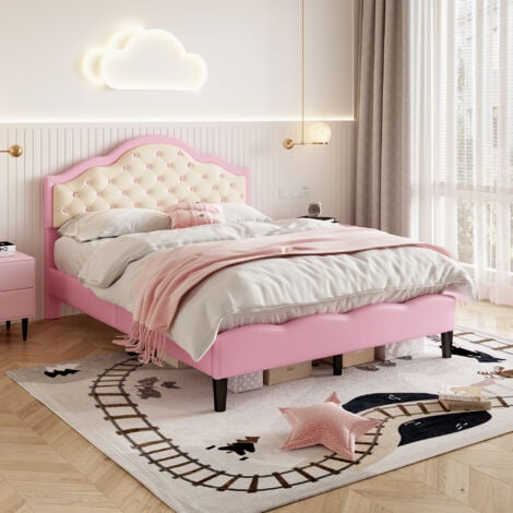 Double Upholstered Bed Frame with Adjustable Chic Button-Tufted Headboard, PU Faux Leather Bed Frame , Pink+Beige (No Mattress)