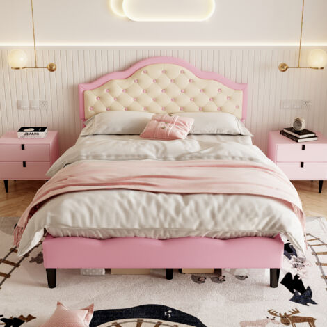 Double Upholstered Bed Frame with Adjustable Chic Button-Tufted Headboard, PU Faux Leather Bed Frame , Pink+Beige (No Mattress)