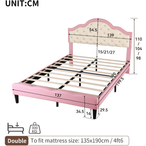 Double Upholstered Bed Frame with Adjustable Chic Button-Tufted Headboard, PU Faux Leather Bed Frame , Pink+Beige (No Mattress)