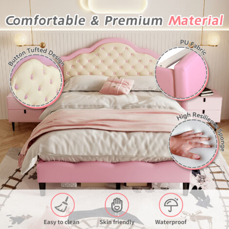 Double Upholstered Bed Frame with Adjustable Chic Button-Tufted Headboard, PU Faux Leather Bed Frame , Pink+Beige (No Mattress)