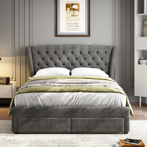 Upholstered Bed, Storage Bed, With 4 Drawers, Soft Backrest, Metal Underbed Bracket, for Adults & Teenagers, Grey,  Double Bed 135x190cm