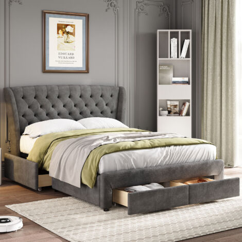 Upholstered Bed, Storage Bed, With 4 Drawers, Soft Backrest, Metal Underbed Bracket, for Adults & Teenagers, Grey,  Double Bed 135x190cm