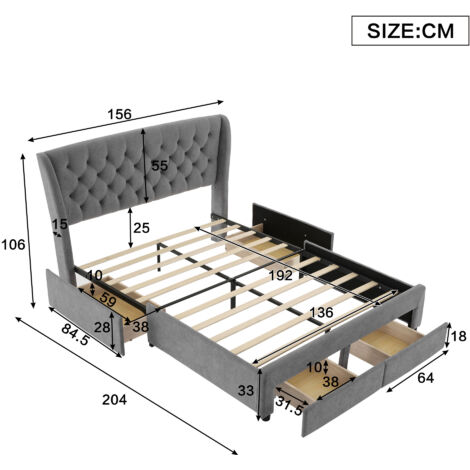 Upholstered Bed, Storage Bed, With 4 Drawers, Soft Backrest, Metal Underbed Bracket, for Adults & Teenagers, Grey,  Double Bed 135x190cm