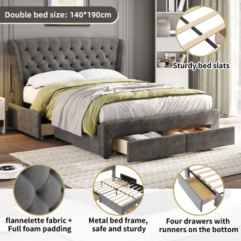 Upholstered Bed, Storage Bed, With 4 Drawers, Soft Backrest, Metal Underbed Bracket, for Adults & Teenagers, Grey,  Double Bed 135x190cm