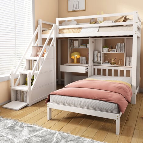 Wood House Bunk Bed,Bunk bed, Double Bed, Multifunctional Children's Bed, Storage Space Function, with Desk and Shelves, White