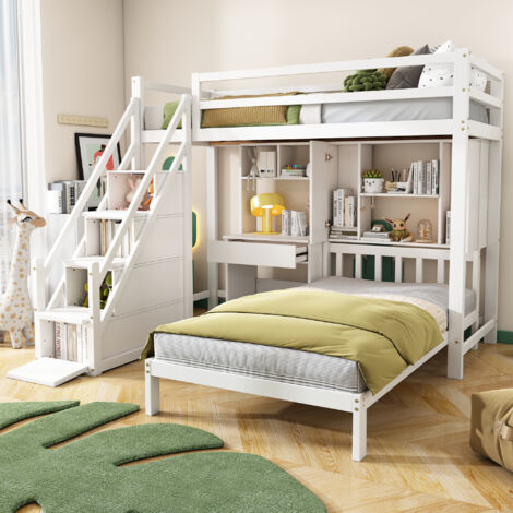 Wood House Bunk Bed,Bunk bed, Double Bed, Multifunctional Children's Bed, Storage Space Function, with Desk and Shelves, White
