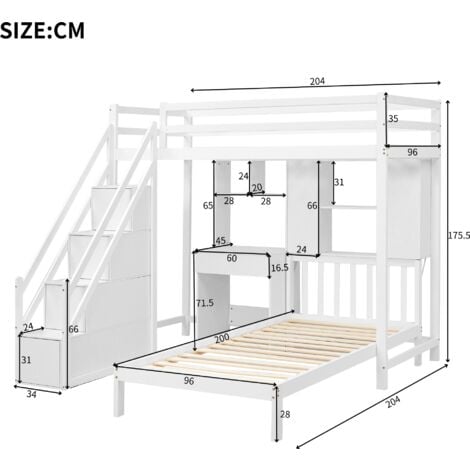 Wood House Bunk Bed,Bunk bed, Double Bed, Multifunctional Children's Bed, Storage Space Function, with Desk and Shelves, White