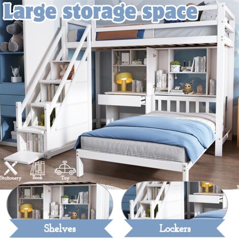 Wood House Bunk Bed,Bunk bed, Double Bed, Multifunctional Children's Bed, Storage Space Function, with Desk and Shelves, White