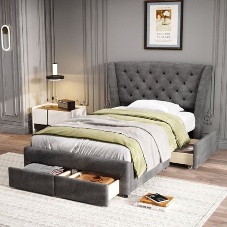 Upholstered Bed, Storage Bed, With 4 Drawers, Soft Backrest, Metal Underbed Bracket, for Adults & Teenagers, Grey,  Single Bed 90x190cm