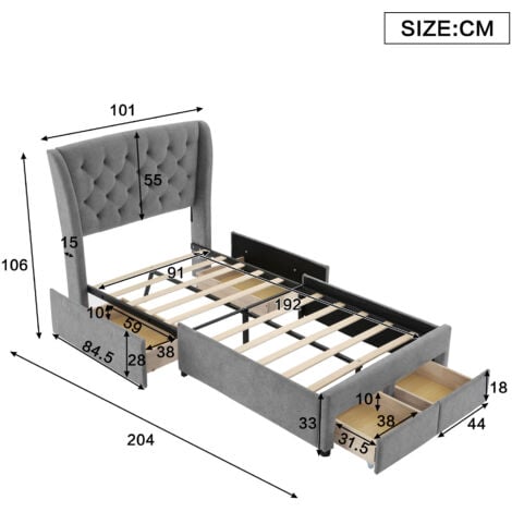 Upholstered Bed, Storage Bed, With 4 Drawers, Soft Backrest, Metal Underbed Bracket, for Adults & Teenagers, Grey,  Single Bed 90x190cm