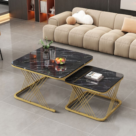 Nest of 2 Tables Square Coffee Table Coffee Table Set with Gold Metal Frame Legs and Marble Pattern Black Top for Living Room