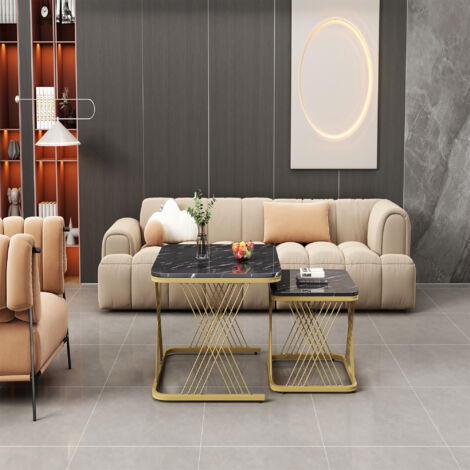 Nest of 2 Tables Square Coffee Table Coffee Table Set with Gold Metal Frame Legs and Marble Pattern Black Top for Living Room