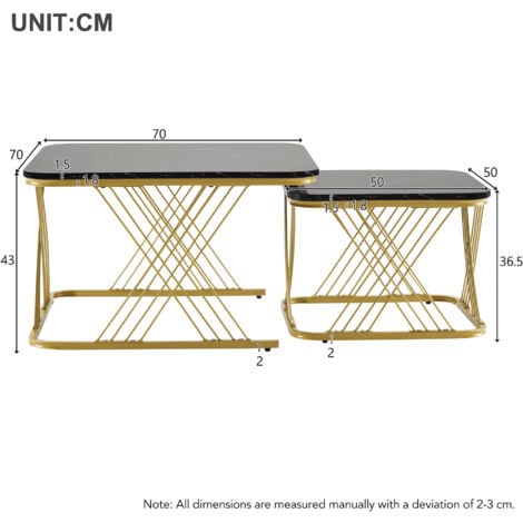 Nest of 2 Tables Square Coffee Table Coffee Table Set with Gold Metal Frame Legs and Marble Pattern Black Top for Living Room