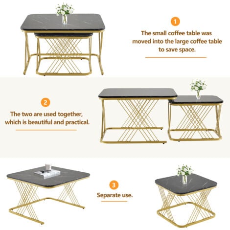 Nest of 2 Tables Square Coffee Table Coffee Table Set with Gold Metal Frame Legs and Marble Pattern Black Top for Living Room